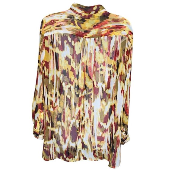 Blouse Top Two by Vince Camuto Brown Amber Burgundy Sheer Button Front LS Sz L - Picture 4 of 10